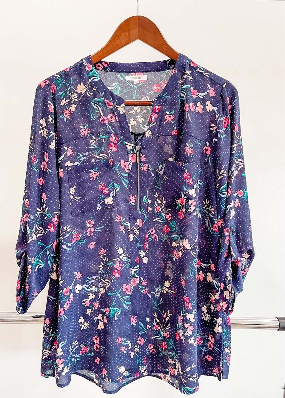 NWOT Women's Large Maurices Rolled Cuff Henley Zip Blouse
